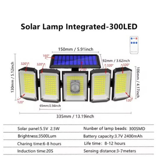 7000K Solar Motion Sensor Lights Cordless; 5 Adjustable Heads, 360° Wide Angle Illumination, IP65 Waterproof, Security LED Flood Light For Patio Yard Garde